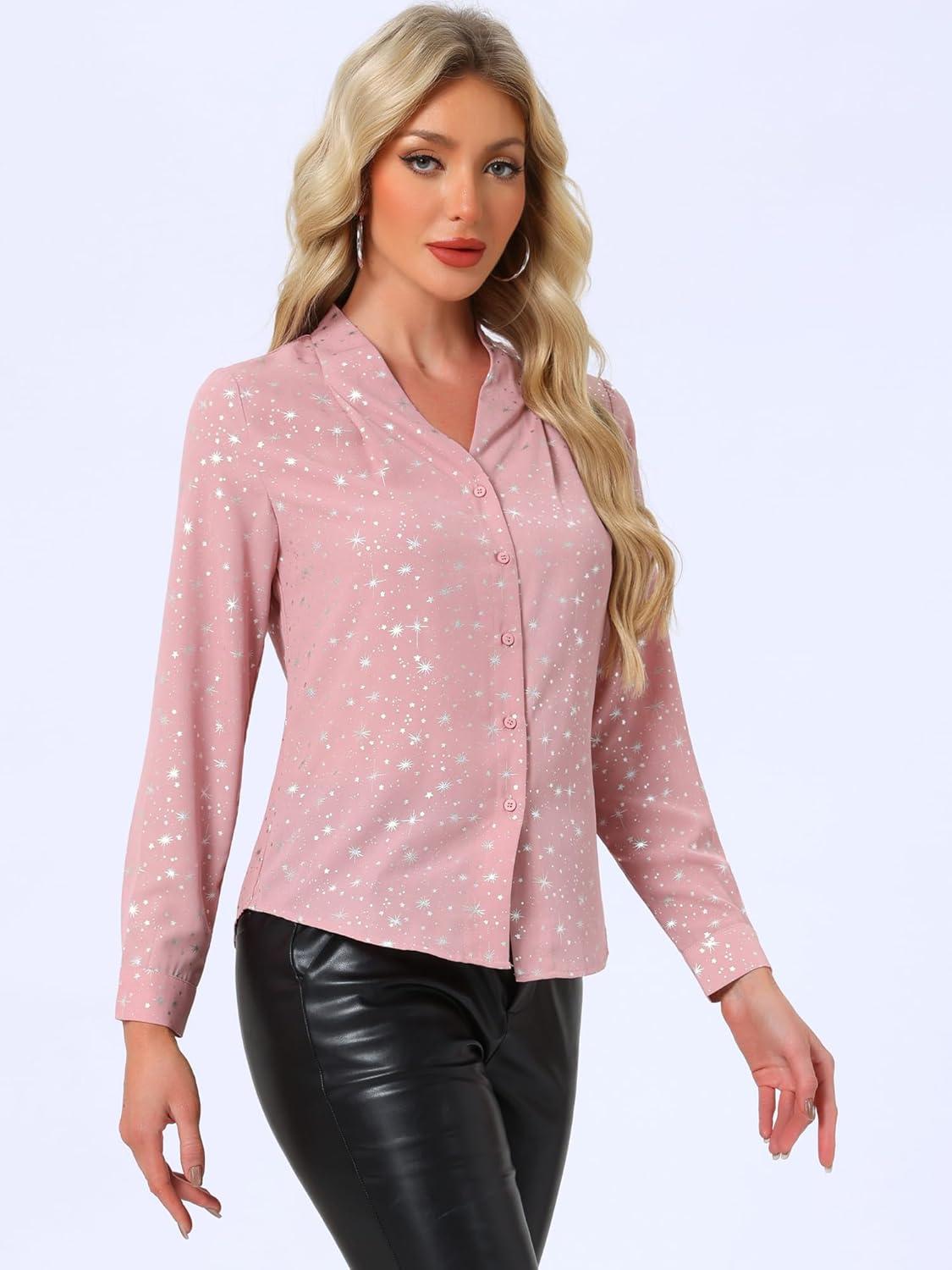imageAllegra K Womens Metallic Patterned Blouse V Neck Long Sleeve Gilding Sparkly Dots Star TopLight Pink