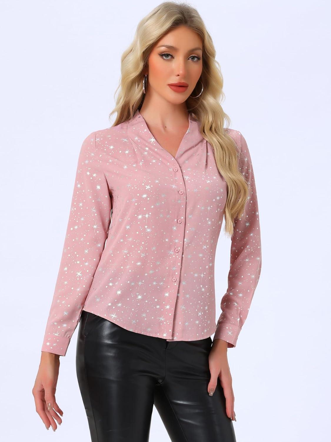 imageAllegra K Womens Metallic Patterned Blouse V Neck Long Sleeve Gilding Sparkly Dots Star TopLight Pink