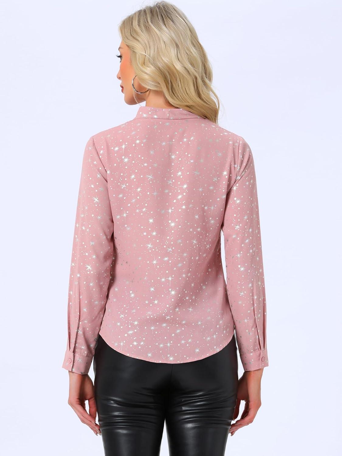 imageAllegra K Womens Metallic Patterned Blouse V Neck Long Sleeve Gilding Sparkly Dots Star TopLight Pink