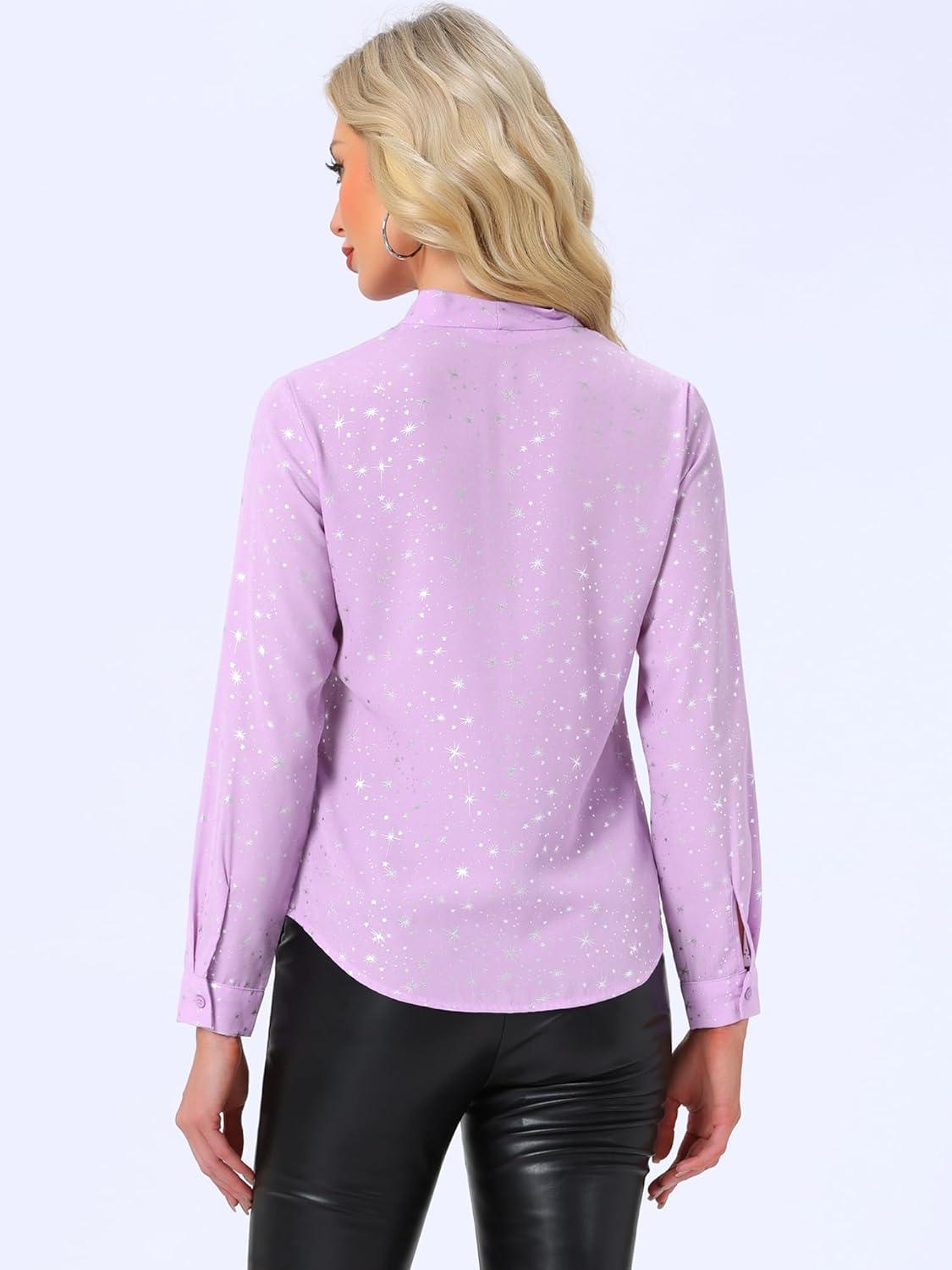 imageAllegra K Womens Metallic Patterned Blouse V Neck Long Sleeve Gilding Sparkly Dots Star TopLight Purple