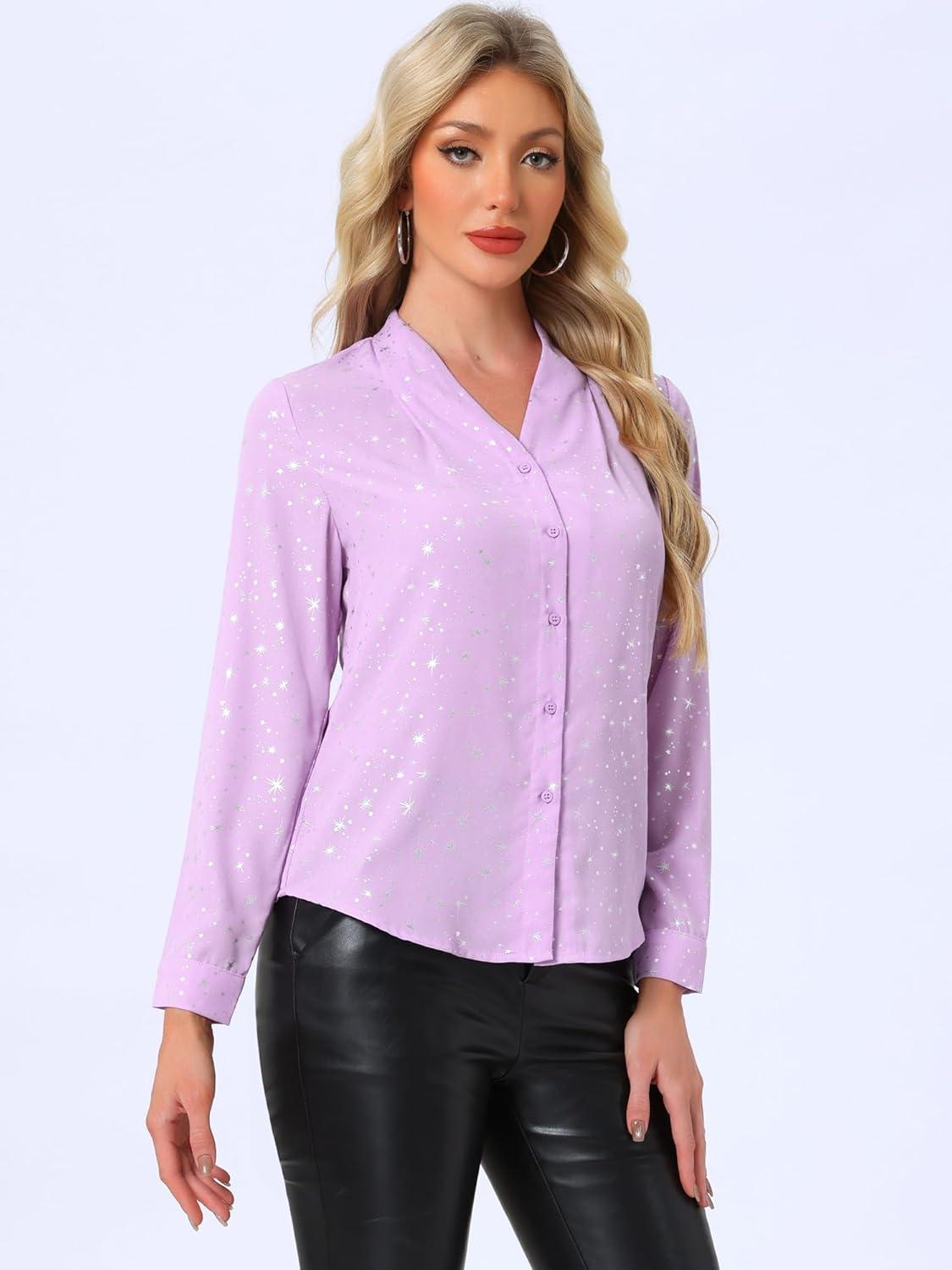 imageAllegra K Womens Metallic Patterned Blouse V Neck Long Sleeve Gilding Sparkly Dots Star TopLight Purple