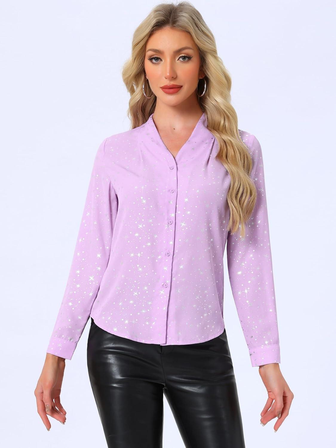 imageAllegra K Womens Metallic Patterned Blouse V Neck Long Sleeve Gilding Sparkly Dots Star TopLight Purple