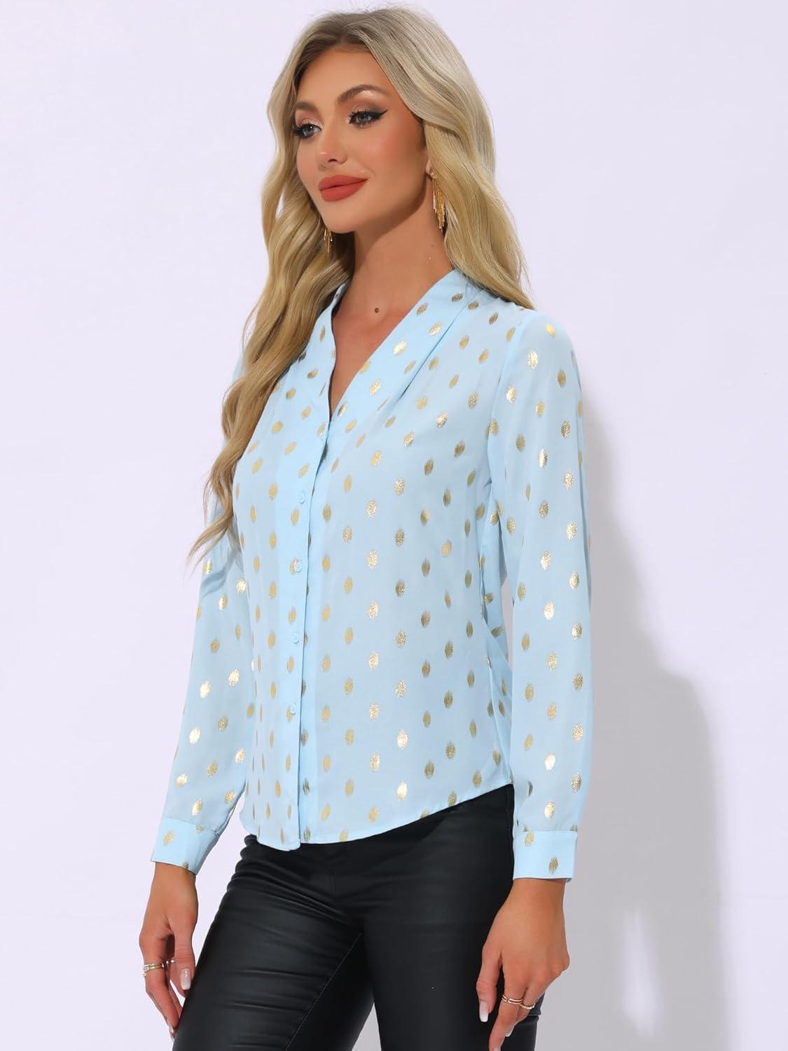 imageAllegra K Womens Metallic Patterned Blouse V Neck Long Sleeve Gilding Sparkly Dots Star TopSky Blue
