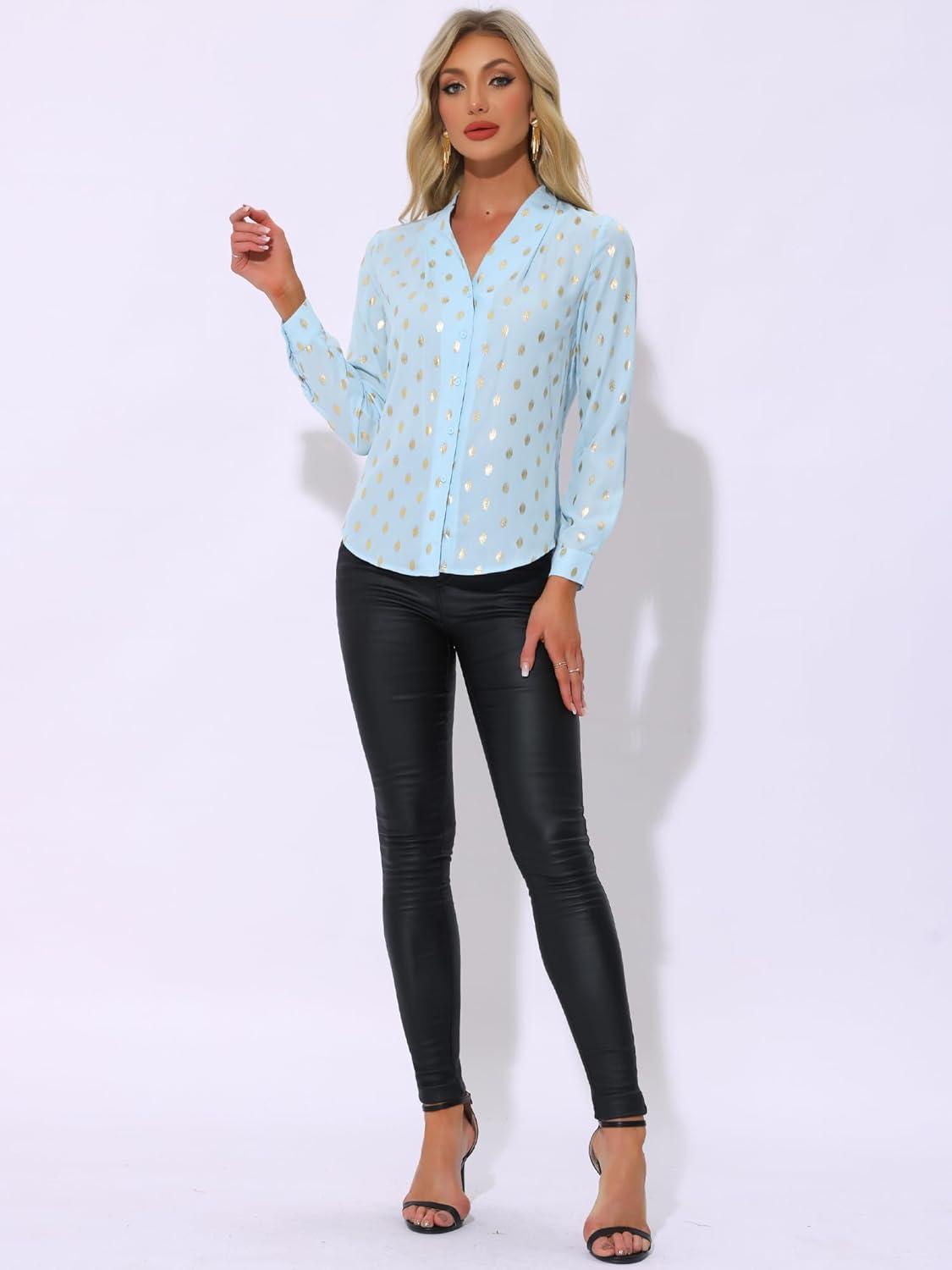 imageAllegra K Womens Metallic Patterned Blouse V Neck Long Sleeve Gilding Sparkly Dots Star TopSky Blue