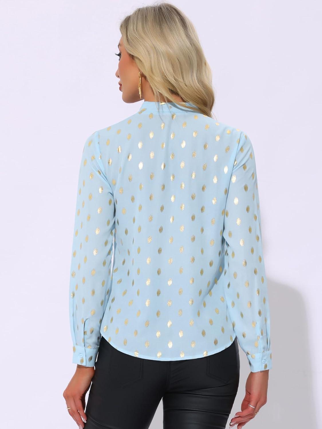 imageAllegra K Womens Metallic Patterned Blouse V Neck Long Sleeve Gilding Sparkly Dots Star TopSky Blue