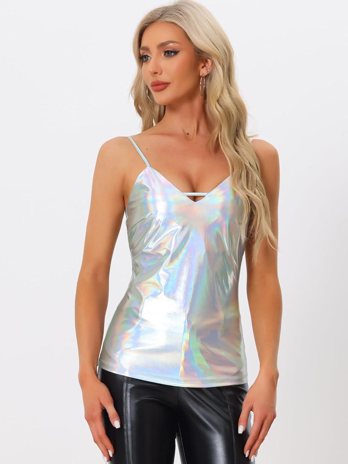 imageAllegra K Womens Metallic Shiny Halloween Party Tank Top Sleeveless Deep V Neck Camisole TopsHolographic Silver