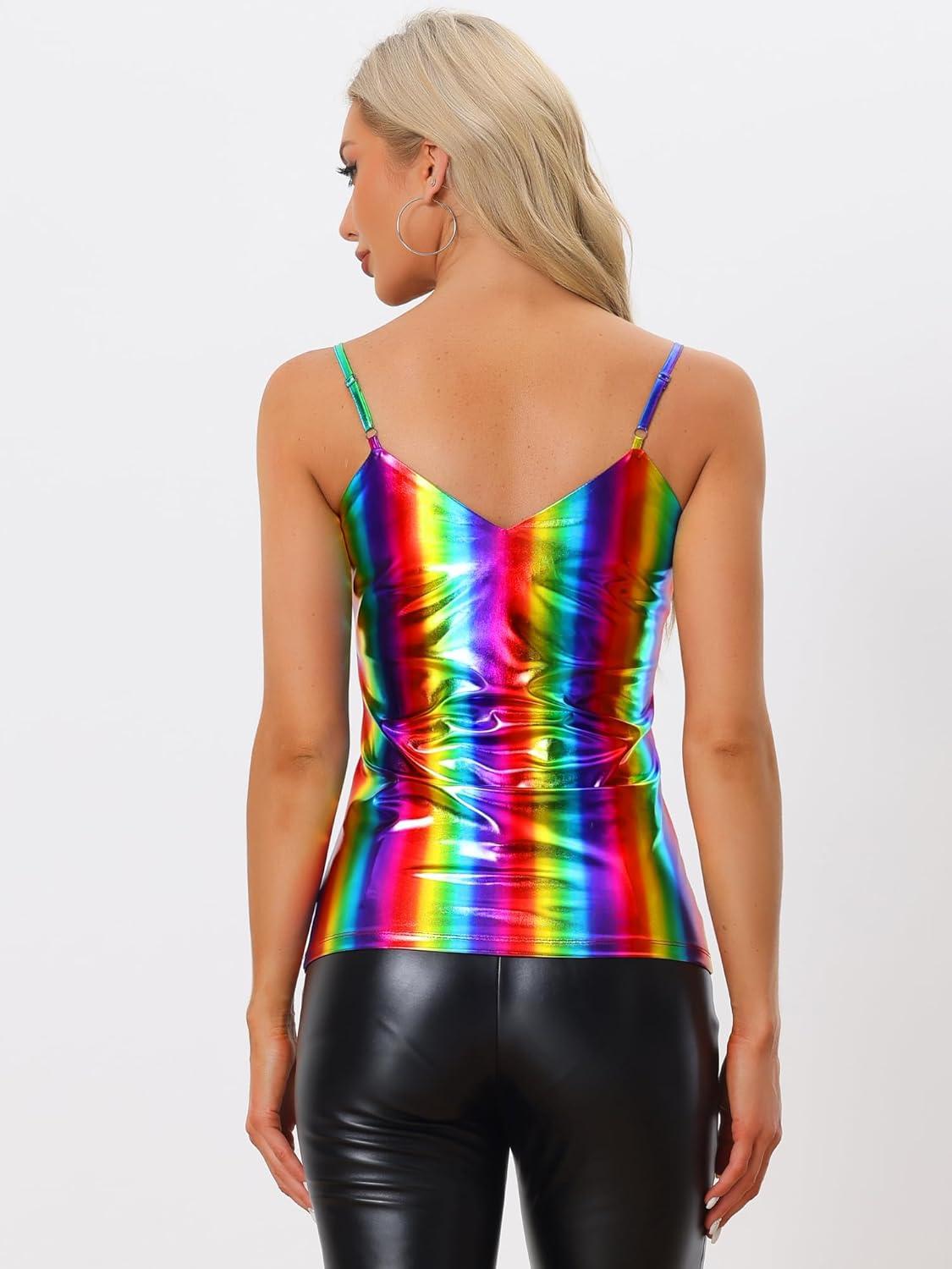 imageAllegra K Womens Metallic Shiny Halloween Party Tank Top Sleeveless Deep V Neck Camisole TopsMulticolor