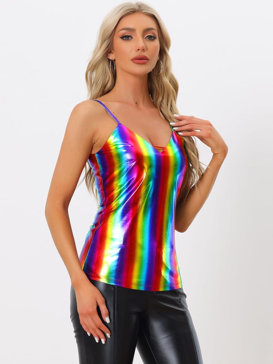 imageAllegra K Womens Metallic Shiny Halloween Party Tank Top Sleeveless Deep V Neck Camisole TopsMulticolor