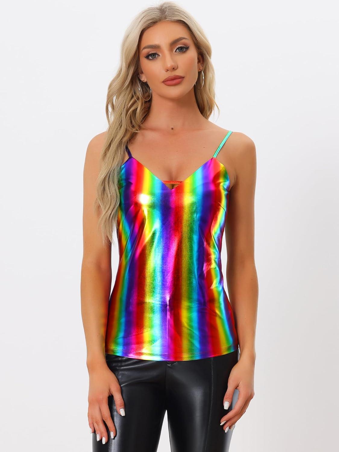 imageAllegra K Womens Metallic Shiny Halloween Party Tank Top Sleeveless Deep V Neck Camisole TopsMulticolor