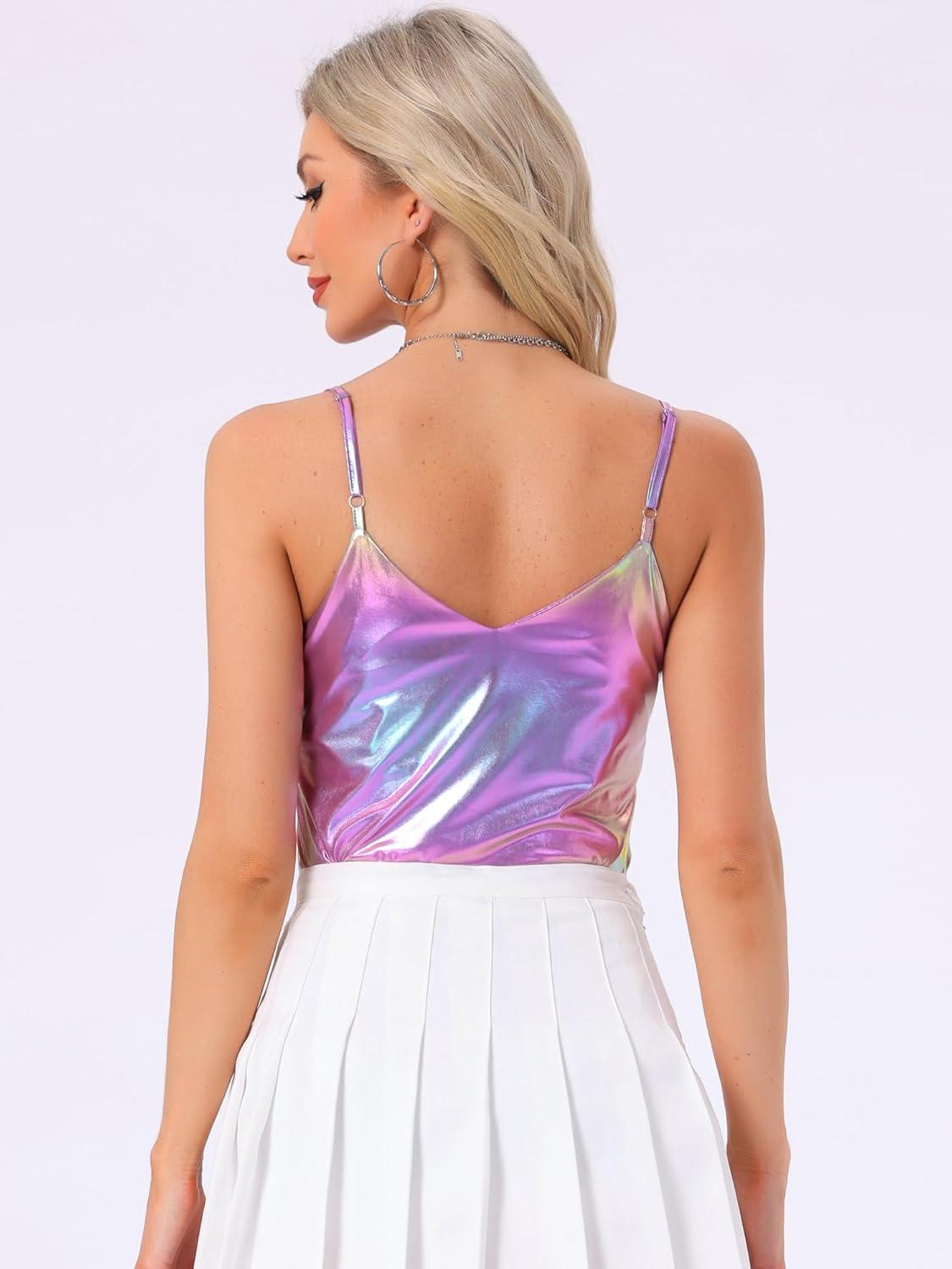 imageAllegra K Womens Metallic Shiny Halloween Party Tank Top Sleeveless Deep V Neck Camisole TopsPink Purple