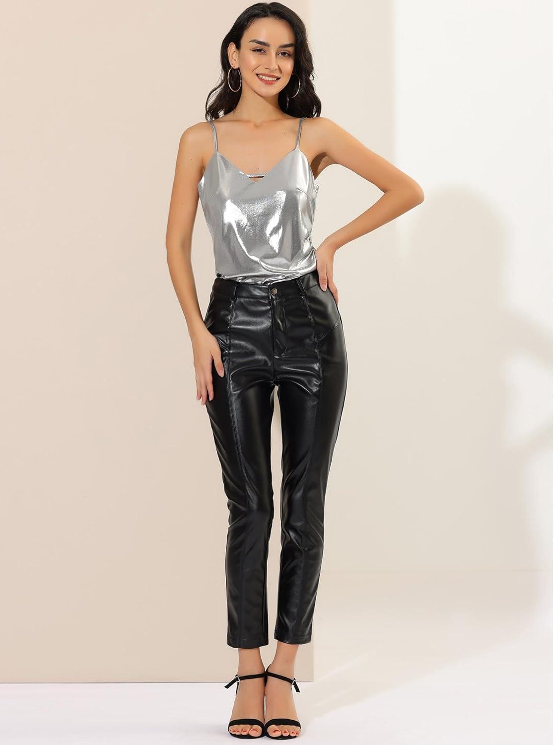 imageAllegra K Womens Metallic Shiny Halloween Party Tank Top Sleeveless Deep V Neck Camisole TopsSilver