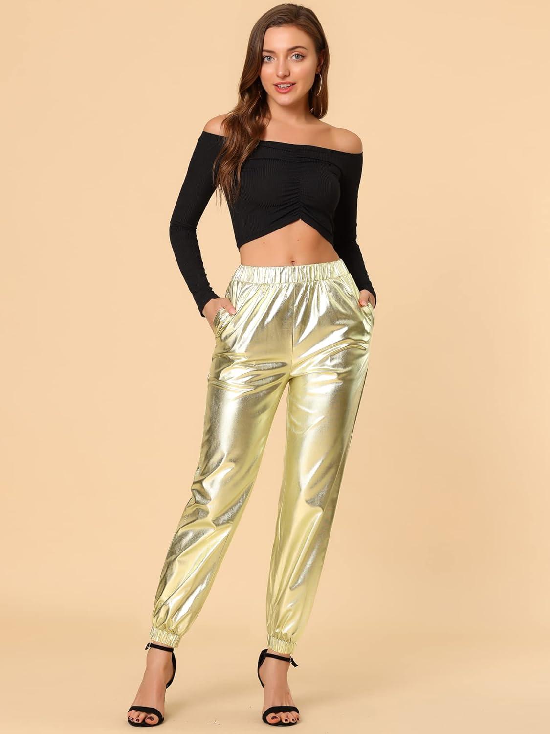 imageAllegra K Womens Metallic Trousers Christmas Shiny Sparkle Elastic Waist Holographic PantsGold