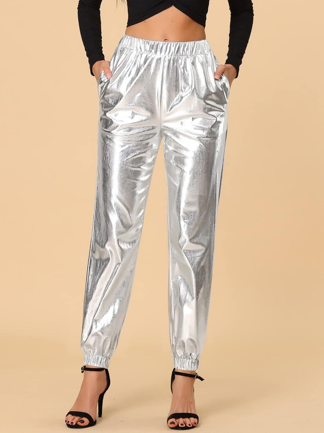 imageAllegra K Womens Metallic Trousers Christmas Shiny Sparkle Elastic Waist Holographic PantsSilver