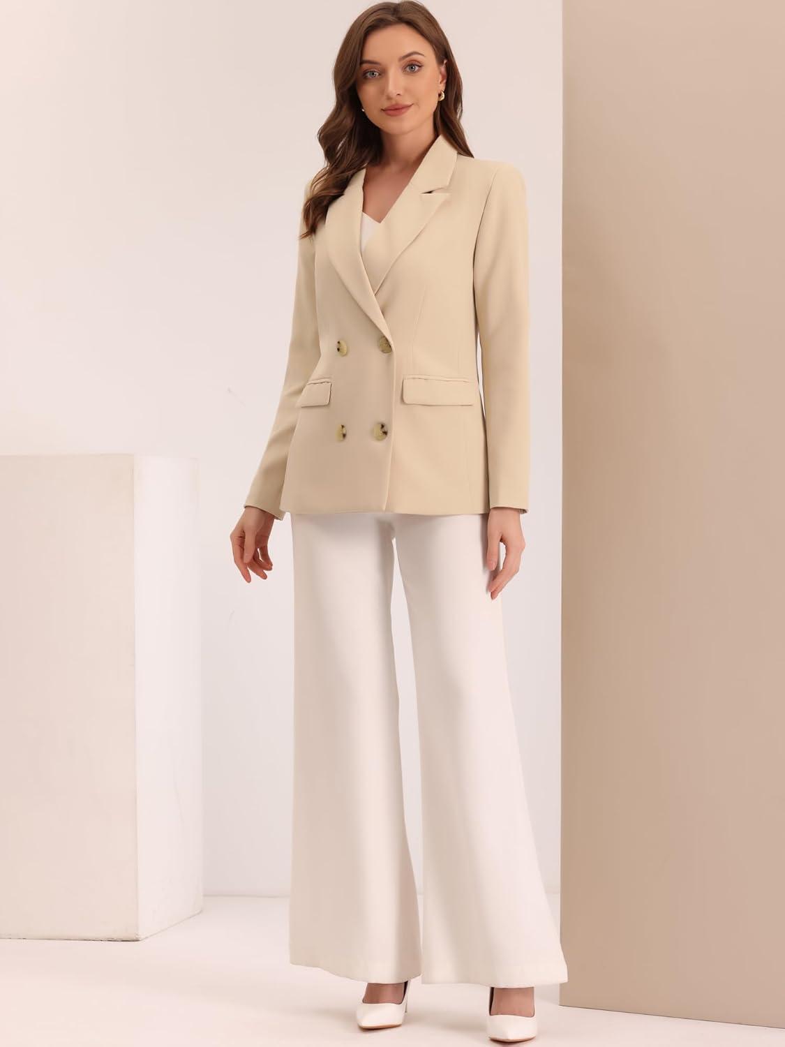 imageAllegra K Womens Notched Lapel Double Breasted Work Formal Blazer JacketApricotsolid