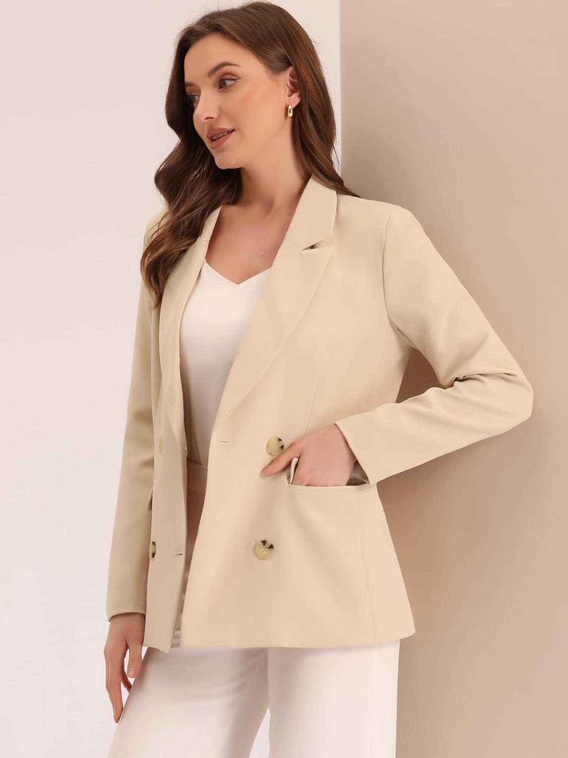 imageAllegra K Womens Notched Lapel Double Breasted Work Formal Blazer JacketApricotsolid