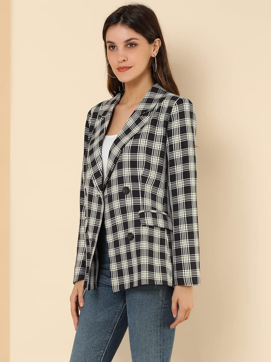 imageAllegra K Womens Notched Lapel Double Breasted Work Formal Blazer JacketBlack