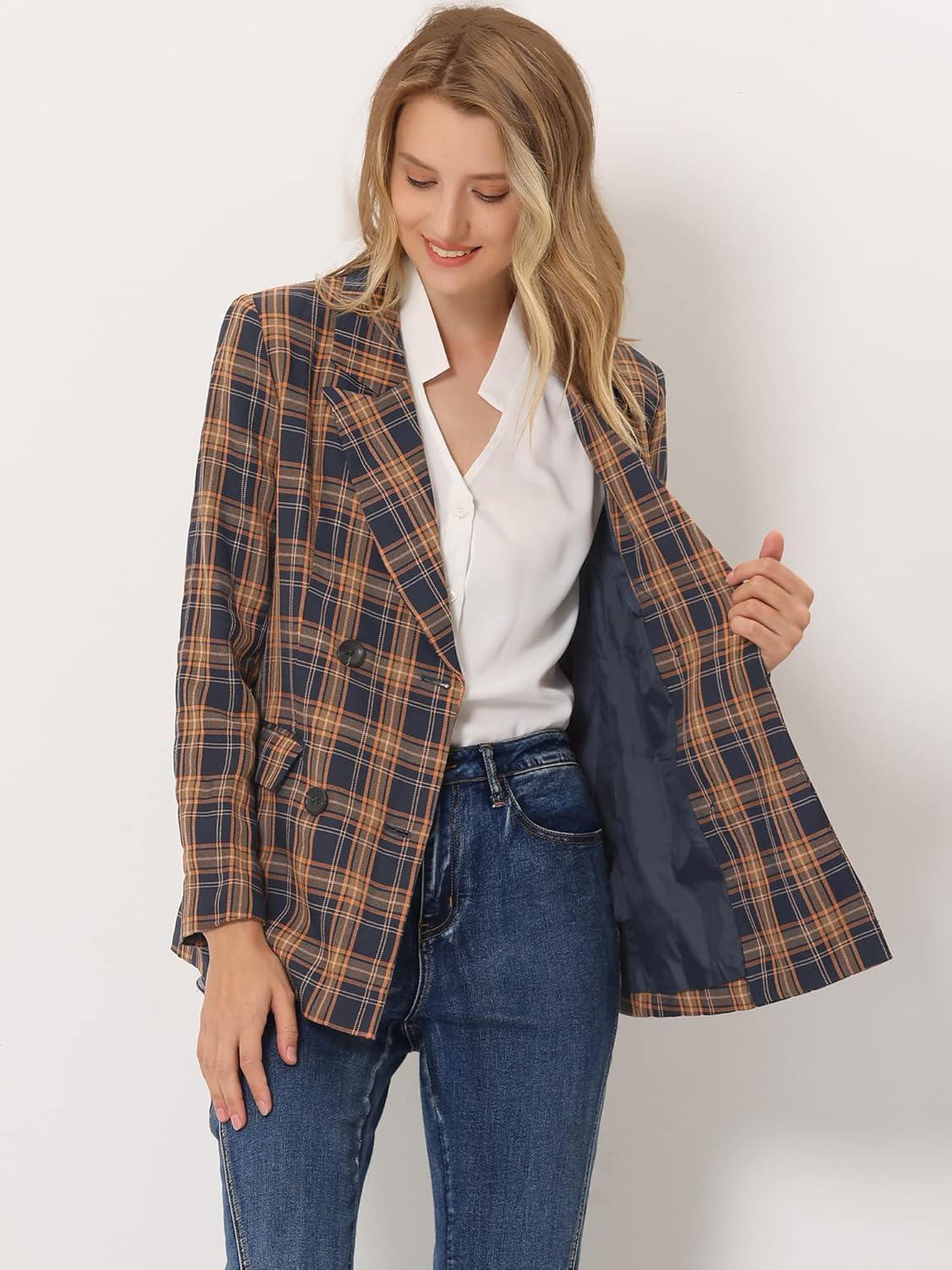 imageAllegra K Womens Notched Lapel Double Breasted Work Formal Blazer JacketBlue Orange