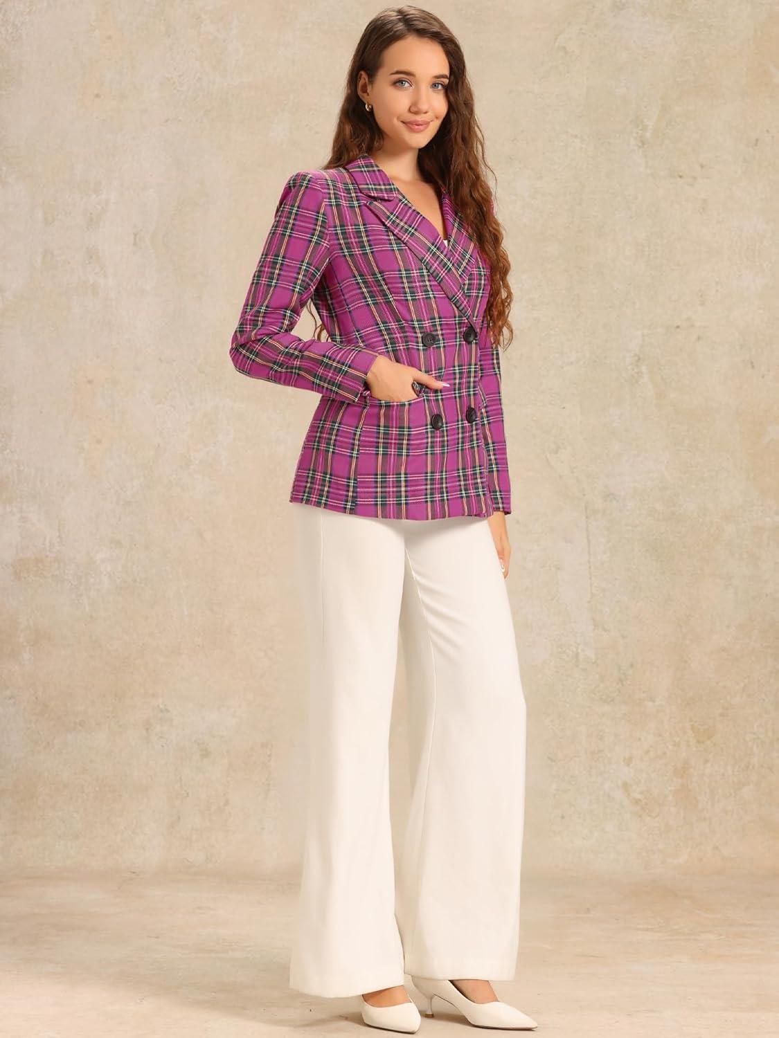 imageAllegra K Womens Notched Lapel Double Breasted Work Formal Blazer JacketHot Pink