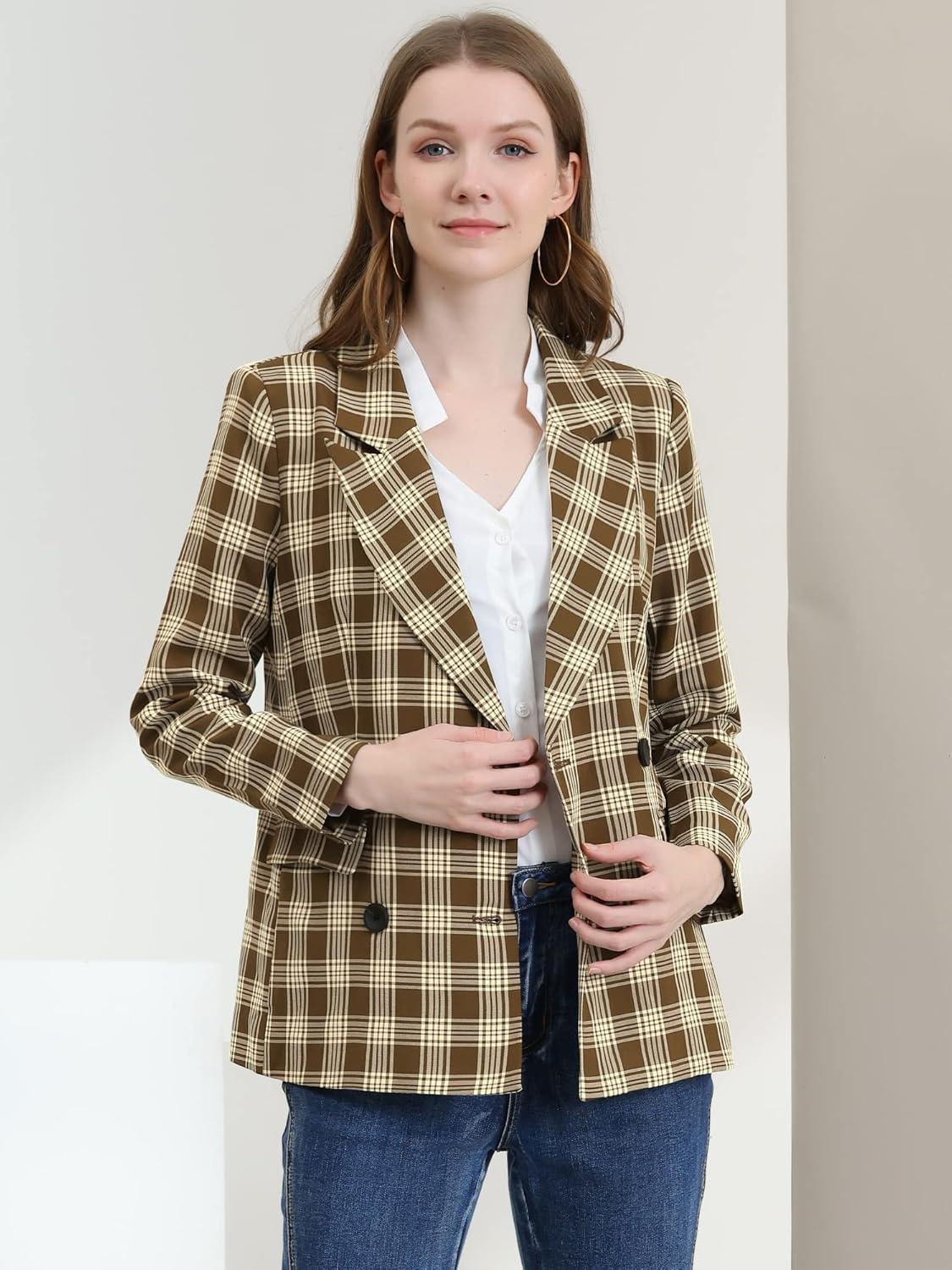 imageAllegra K Womens Notched Lapel Double Breasted Work Formal Blazer JacketWhite Brown