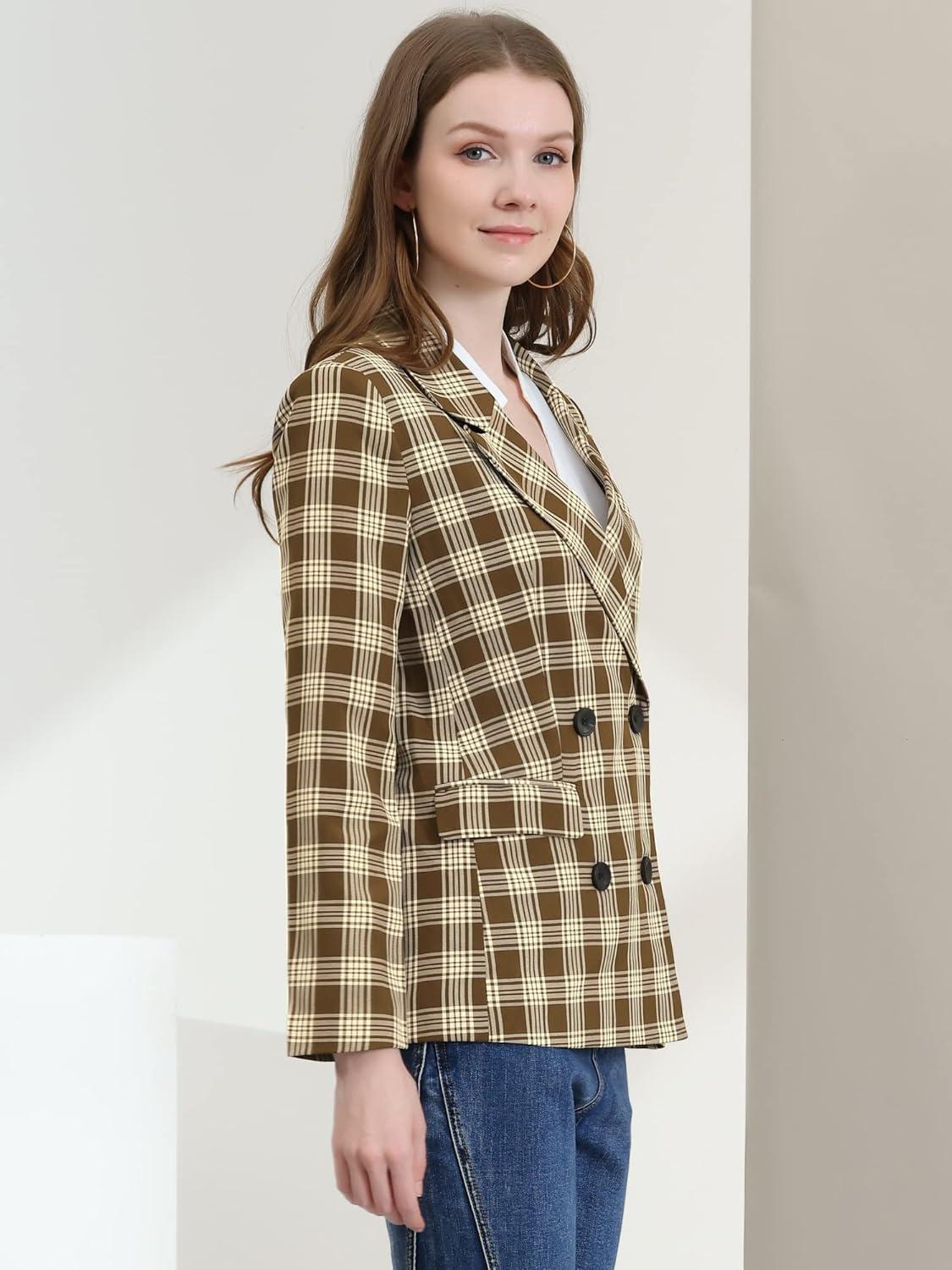 imageAllegra K Womens Notched Lapel Double Breasted Work Formal Blazer JacketWhite Brown