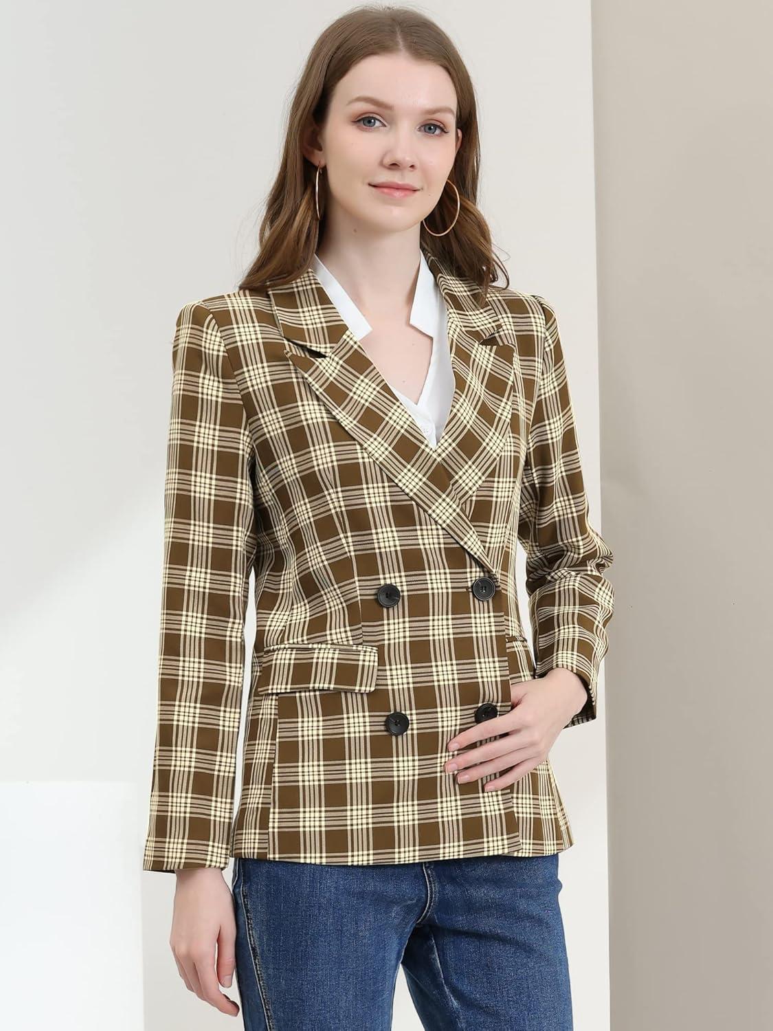 imageAllegra K Womens Notched Lapel Double Breasted Work Formal Blazer JacketWhite Brown