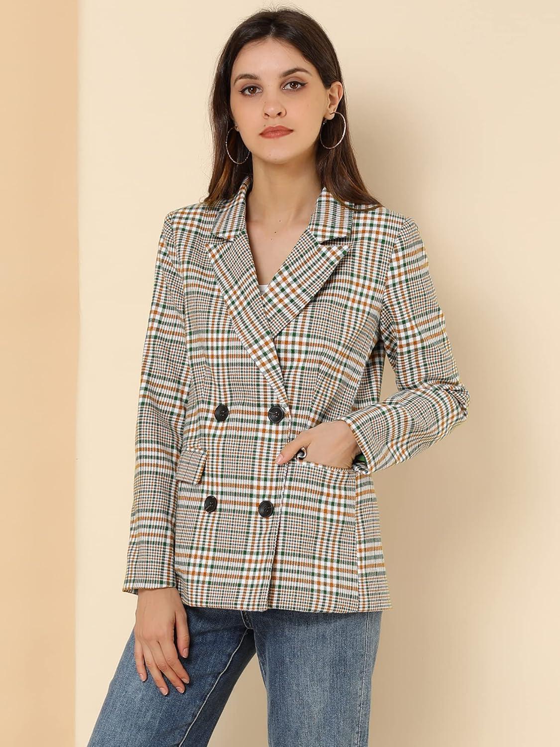 imageAllegra K Womens Notched Lapel Double Breasted Work Formal Blazer JacketWhite Green