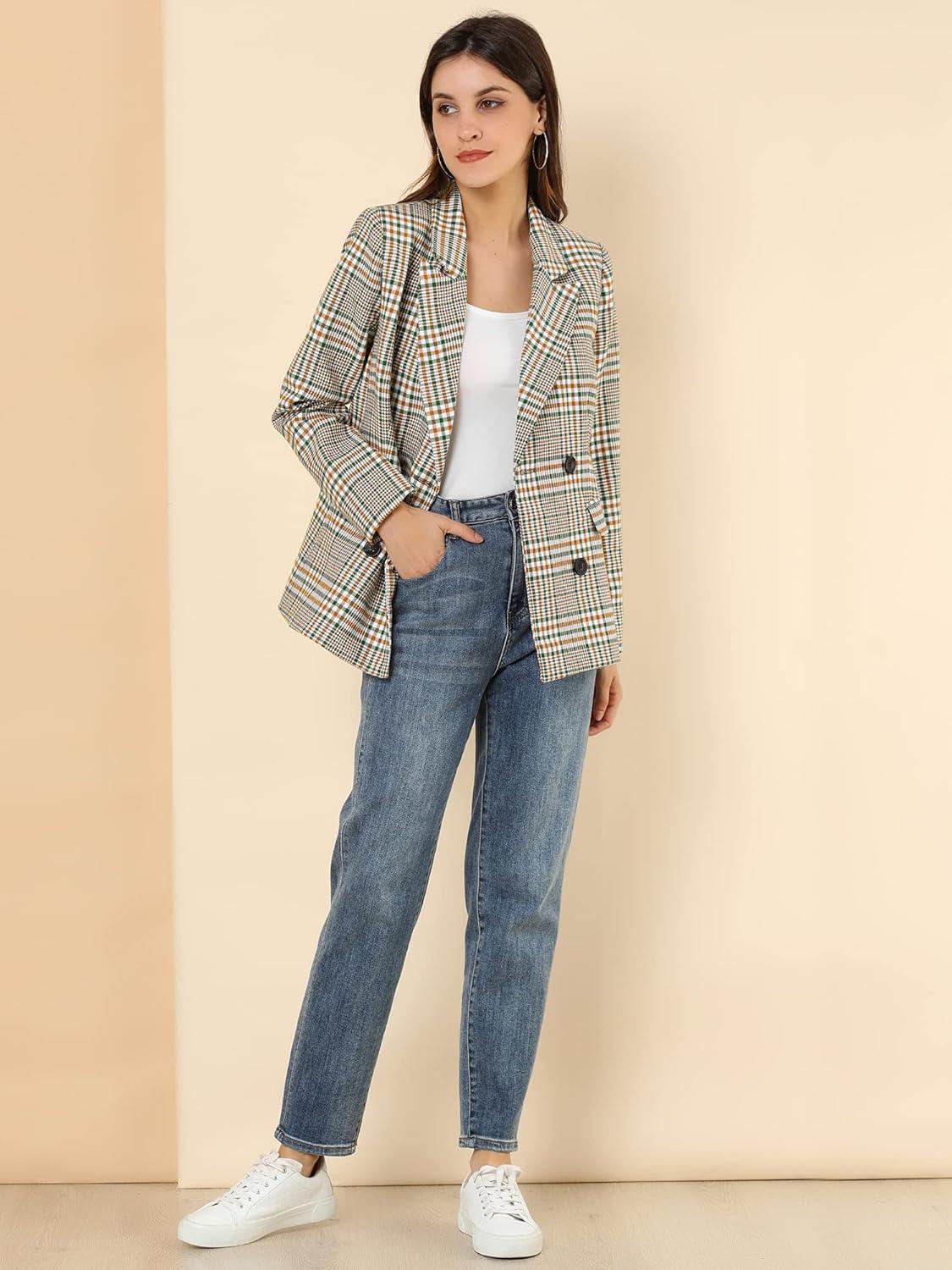imageAllegra K Womens Notched Lapel Double Breasted Work Formal Blazer JacketWhite Green