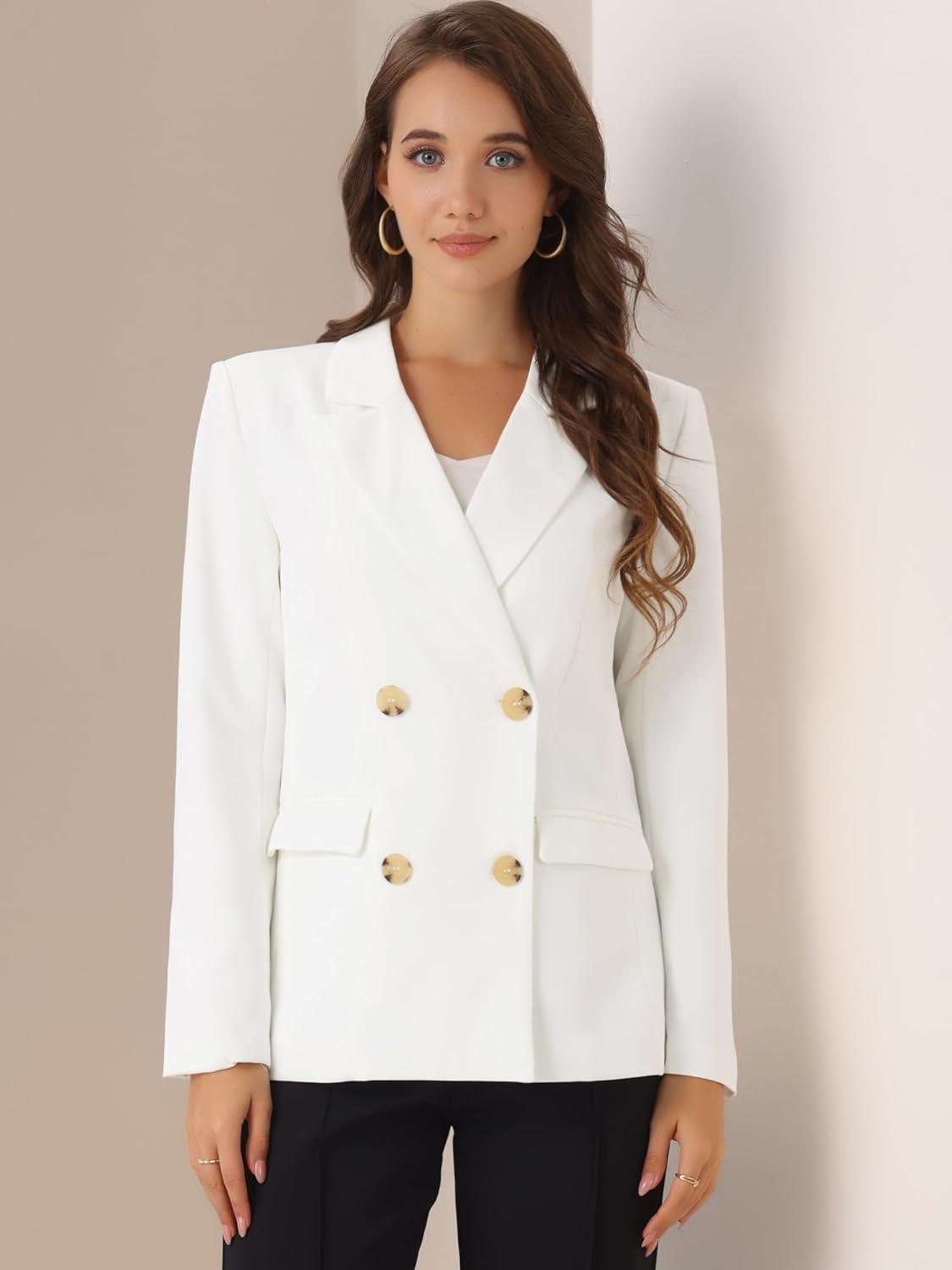 imageAllegra K Womens Notched Lapel Double Breasted Work Formal Blazer JacketWhitesolid