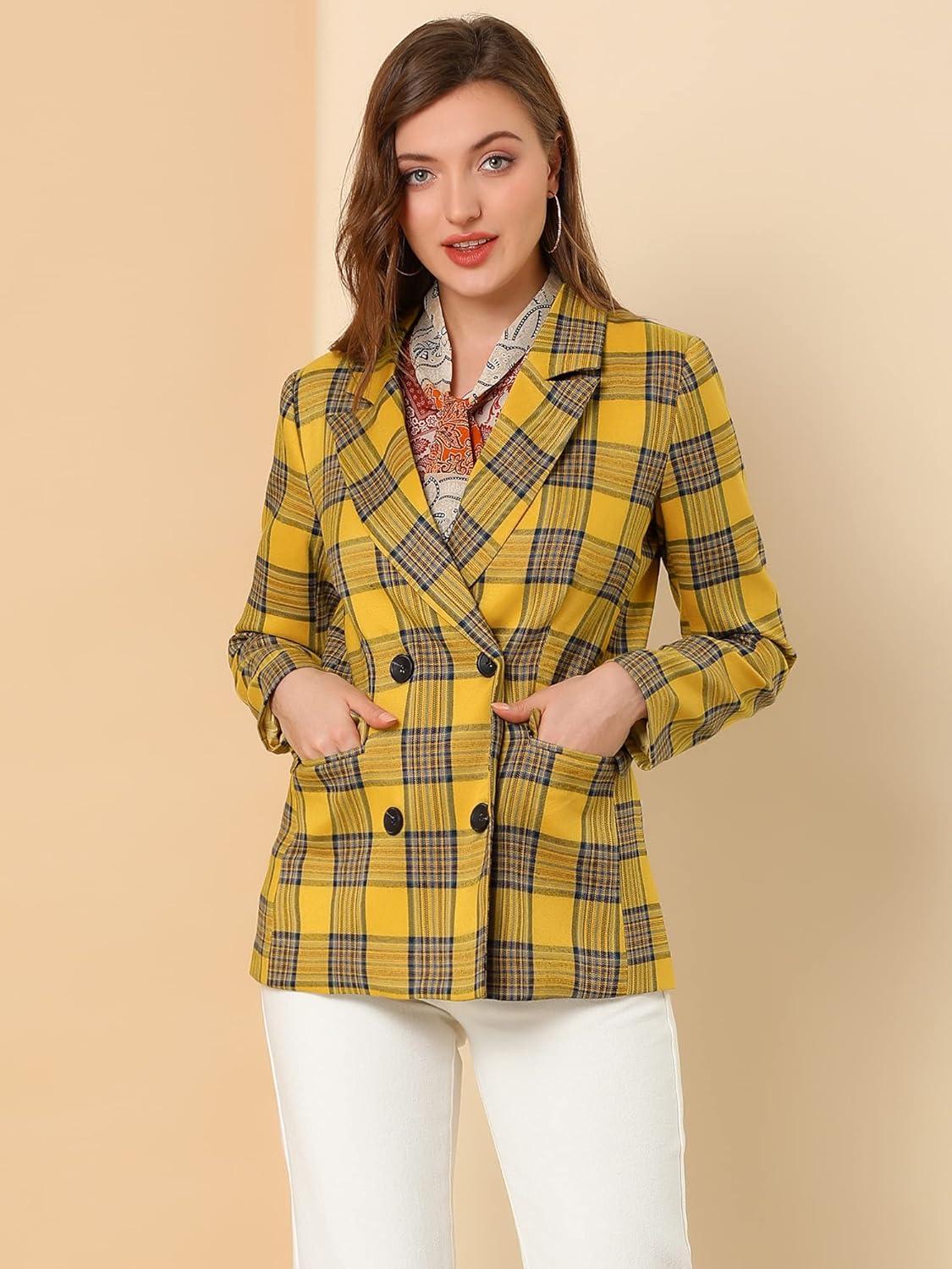 imageAllegra K Womens Notched Lapel Double Breasted Work Formal Blazer JacketYellow