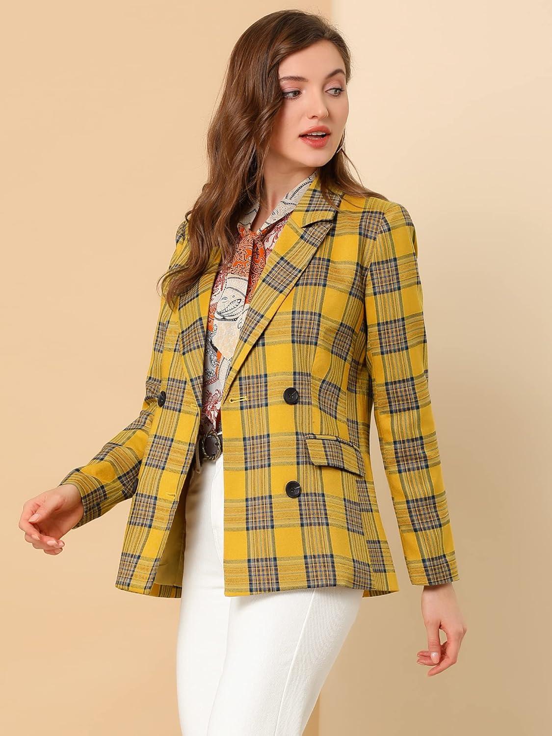 imageAllegra K Womens Notched Lapel Double Breasted Work Formal Blazer JacketYellow