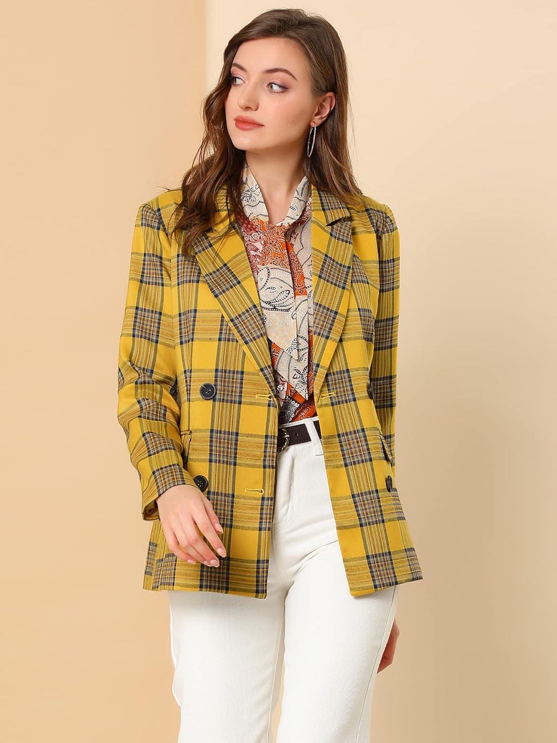 imageAllegra K Womens Notched Lapel Double Breasted Work Formal Blazer JacketYellow