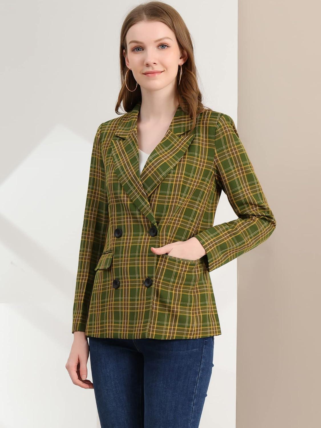 imageAllegra K Womens Notched Lapel Double Breasted Work Formal Blazer JacketYellow Green