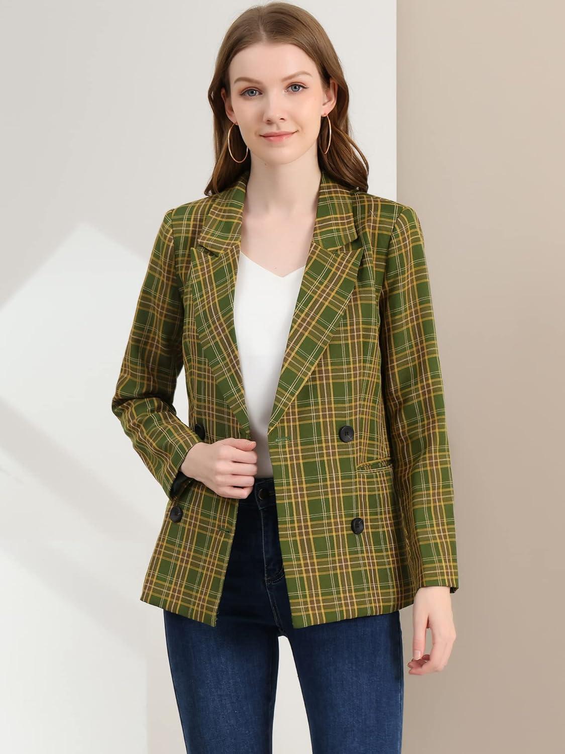 imageAllegra K Womens Notched Lapel Double Breasted Work Formal Blazer JacketYellow Green