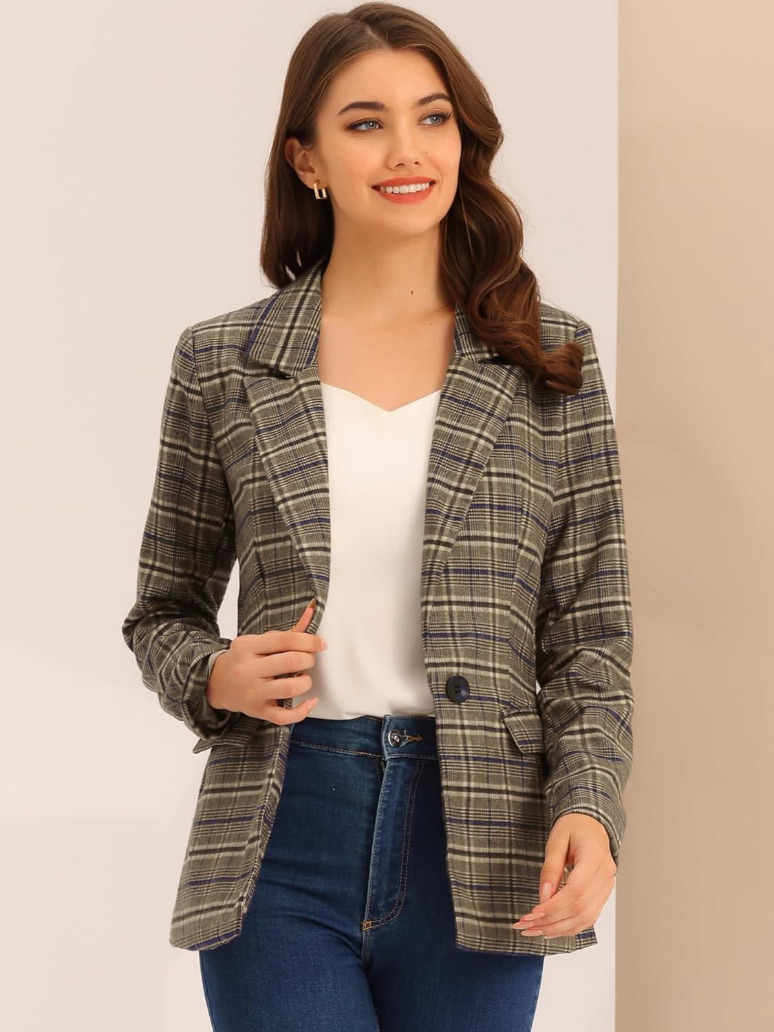 imageAllegra K Womens Notched Lapel One Button Boyfriend Blazer Suit Houndstooth Work Office Blazers JacketBlue Brown