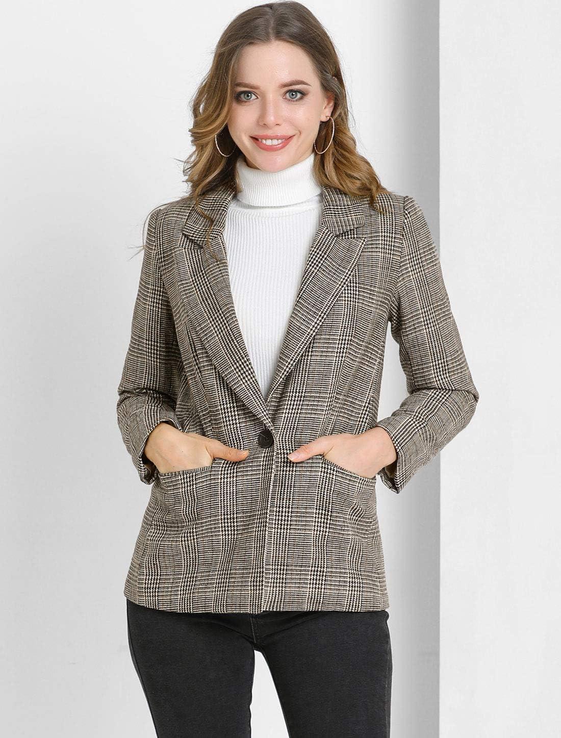 imageAllegra K Womens Notched Lapel One Button Boyfriend Blazer Suit Houndstooth Work Office Blazers JacketBrown