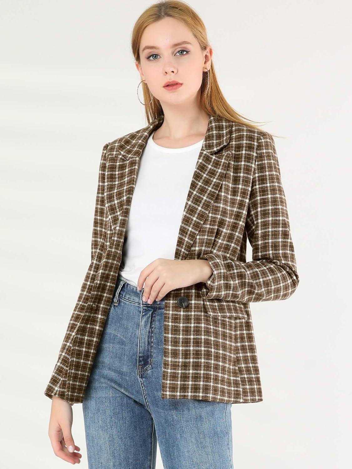 imageAllegra K Womens Notched Lapel One Button Boyfriend Blazer Suit Houndstooth Work Office Blazers JacketCoffee