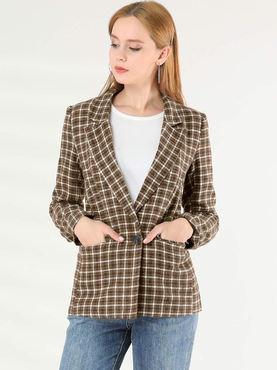 imageAllegra K Womens Notched Lapel One Button Boyfriend Blazer Suit Houndstooth Work Office Blazers JacketCoffee