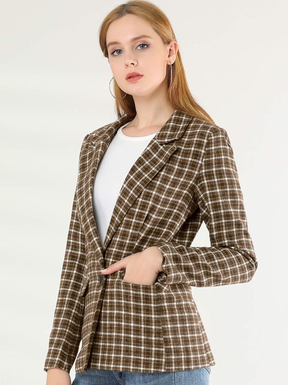 imageAllegra K Womens Notched Lapel One Button Boyfriend Blazer Suit Houndstooth Work Office Blazers JacketCoffee