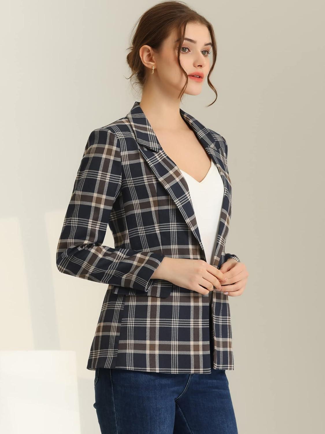 imageAllegra K Womens Notched Lapel One Button Boyfriend Blazer Suit Houndstooth Work Office Blazers JacketDark Blue
