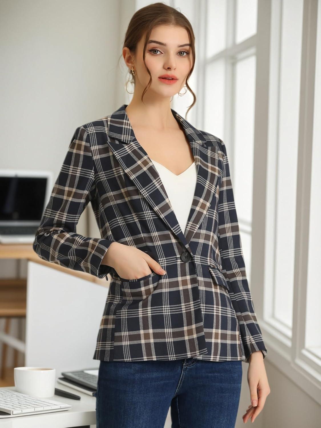 imageAllegra K Womens Notched Lapel One Button Boyfriend Blazer Suit Houndstooth Work Office Blazers JacketDark Blue