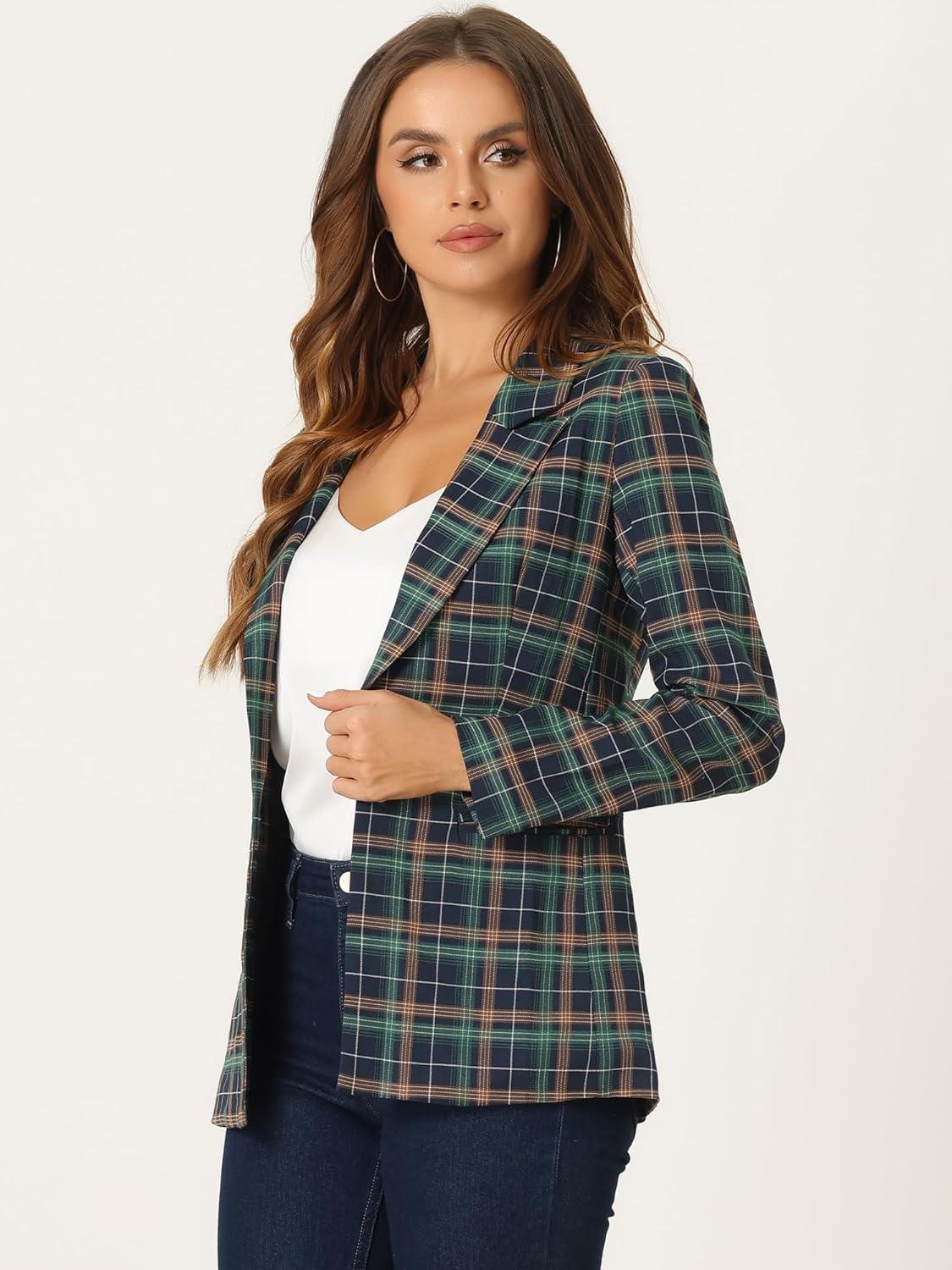 imageAllegra K Womens Notched Lapel One Button Boyfriend Blazer Suit Houndstooth Work Office Blazers JacketGreen Blue