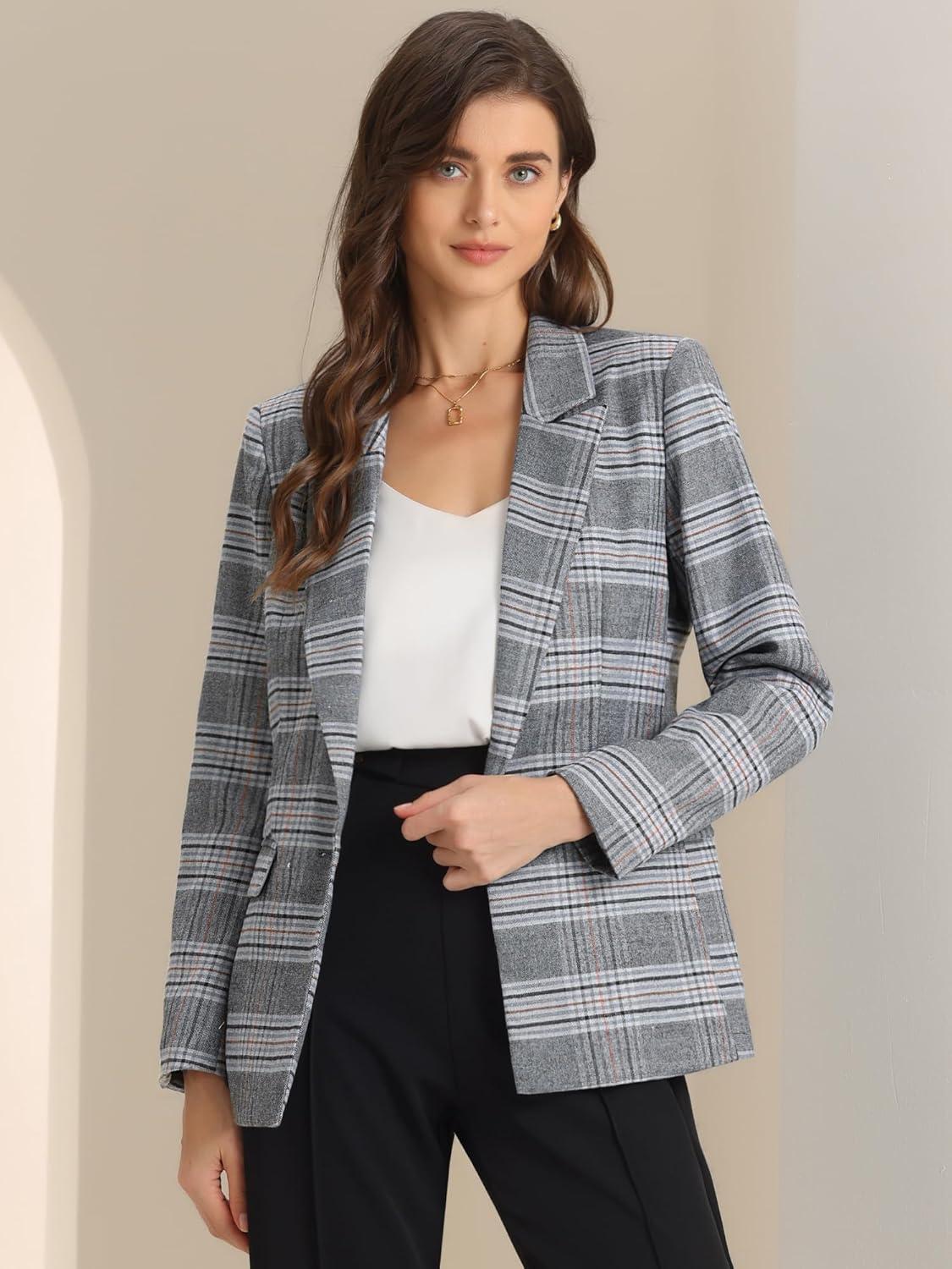 imageAllegra K Womens Notched Lapel One Button Boyfriend Blazer Suit Houndstooth Work Office Blazers JacketGrey
