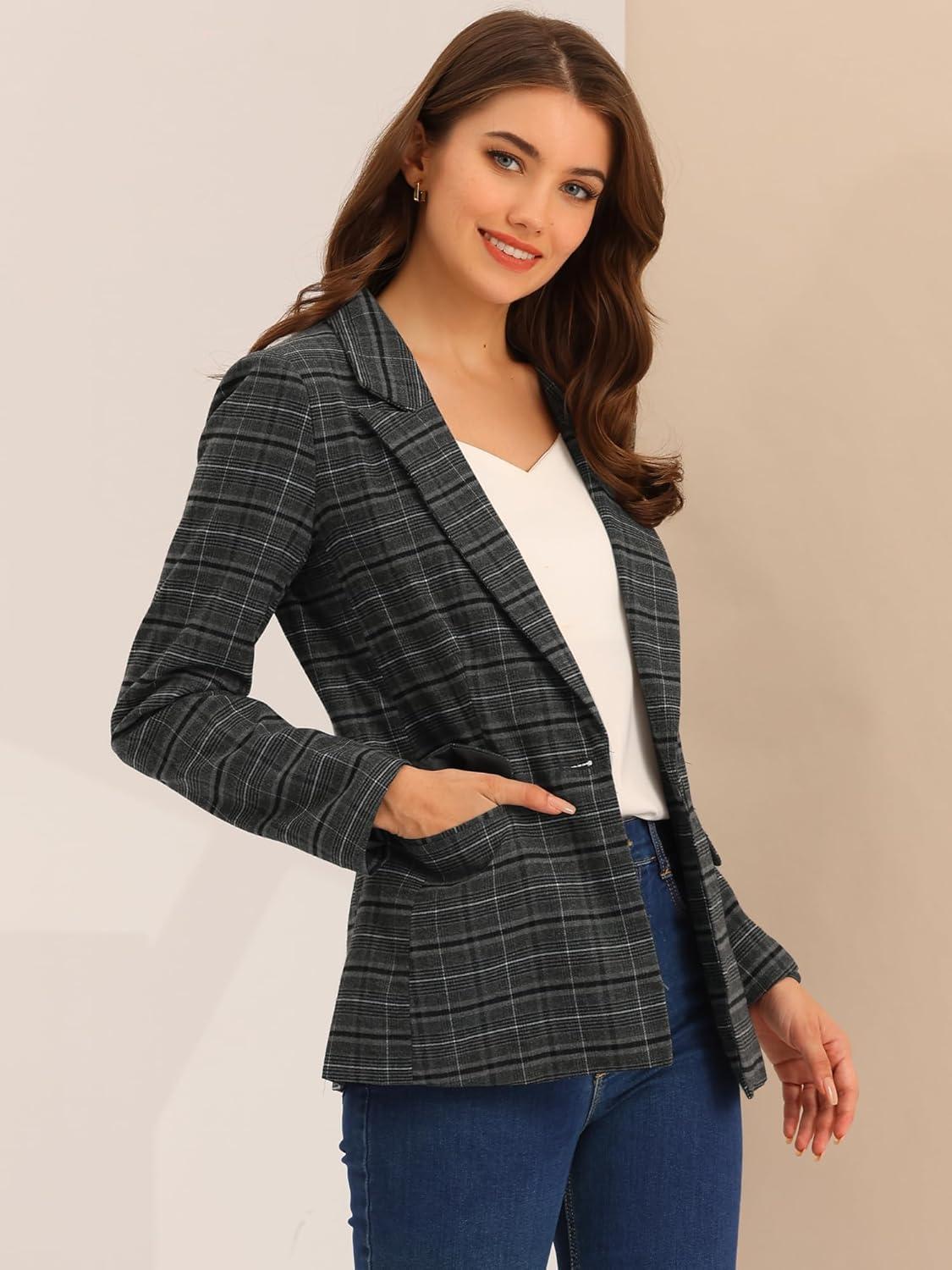 imageAllegra K Womens Notched Lapel One Button Boyfriend Blazer Suit Houndstooth Work Office Blazers JacketGrey Black