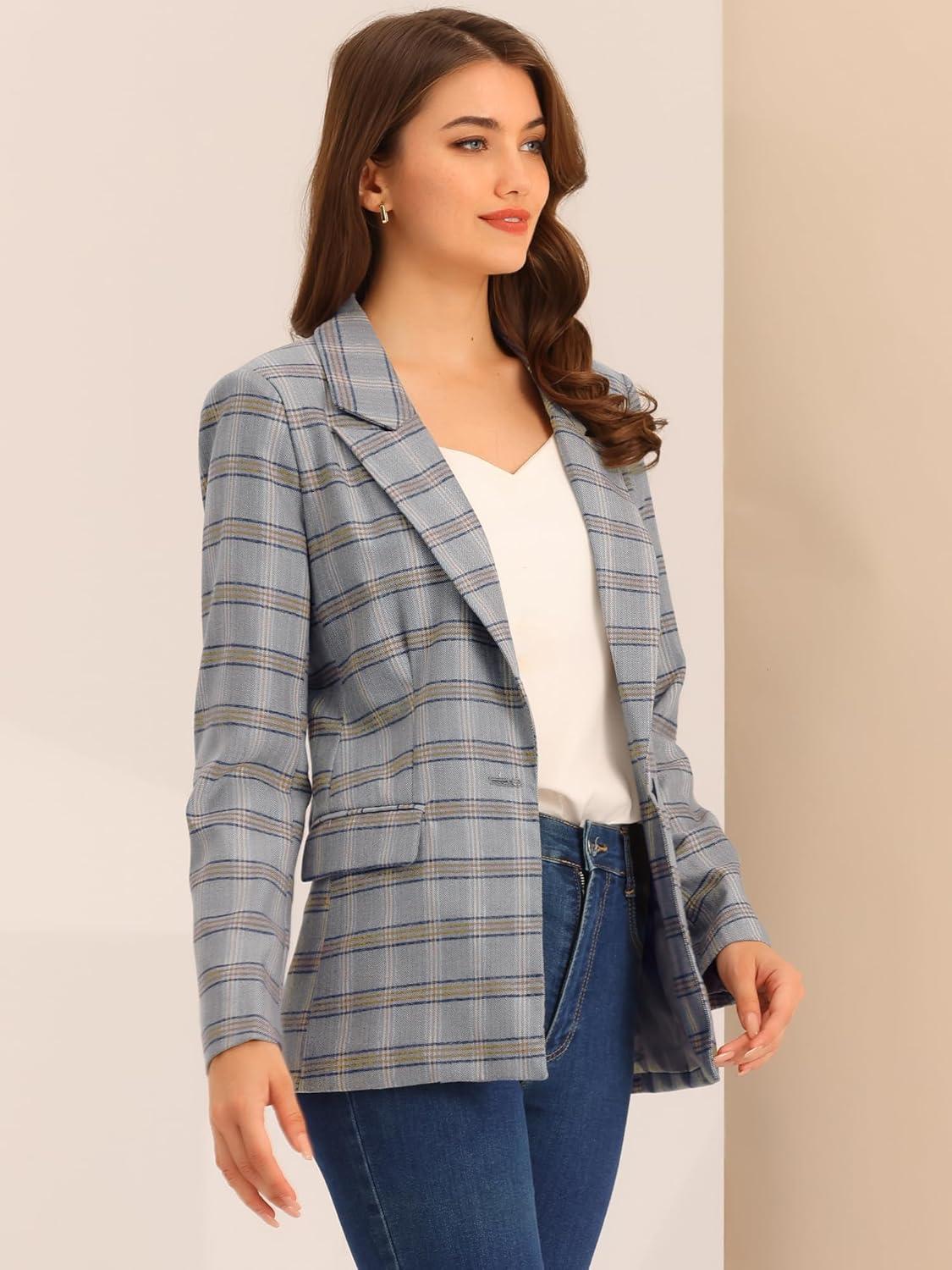 imageAllegra K Womens Notched Lapel One Button Boyfriend Blazer Suit Houndstooth Work Office Blazers JacketGrey Blue