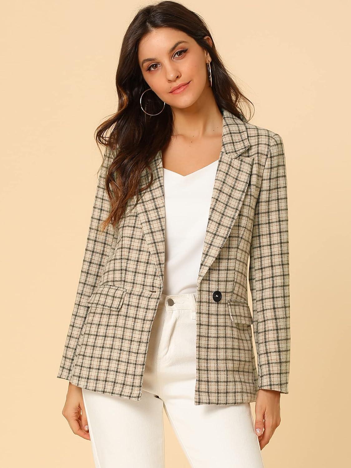 imageAllegra K Womens Notched Lapel One Button Boyfriend Blazer Suit Houndstooth Work Office Blazers JacketKhaki