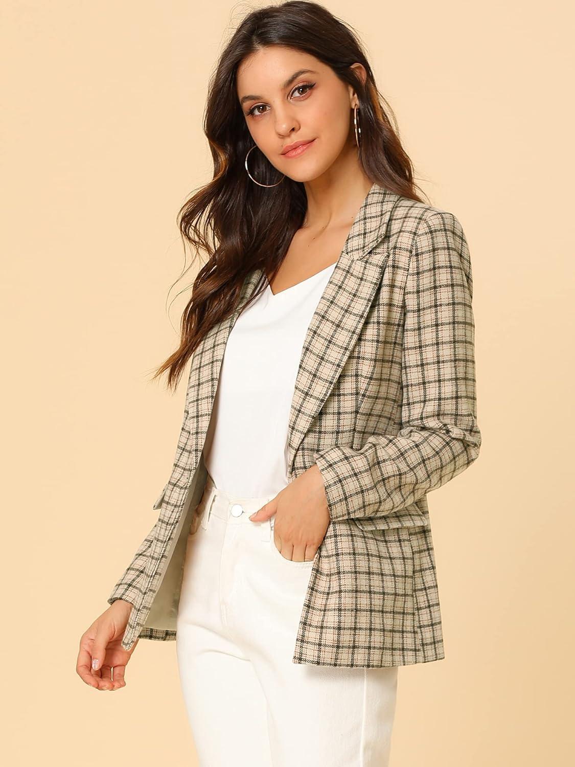 imageAllegra K Womens Notched Lapel One Button Boyfriend Blazer Suit Houndstooth Work Office Blazers JacketKhaki
