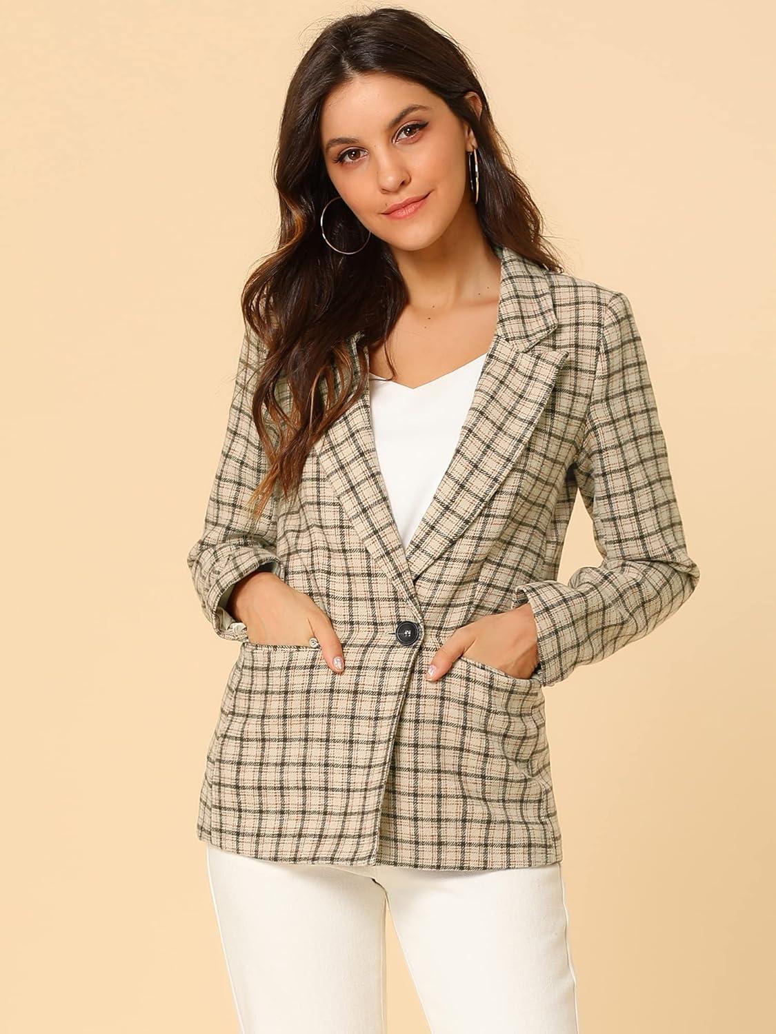 imageAllegra K Womens Notched Lapel One Button Boyfriend Blazer Suit Houndstooth Work Office Blazers JacketKhaki