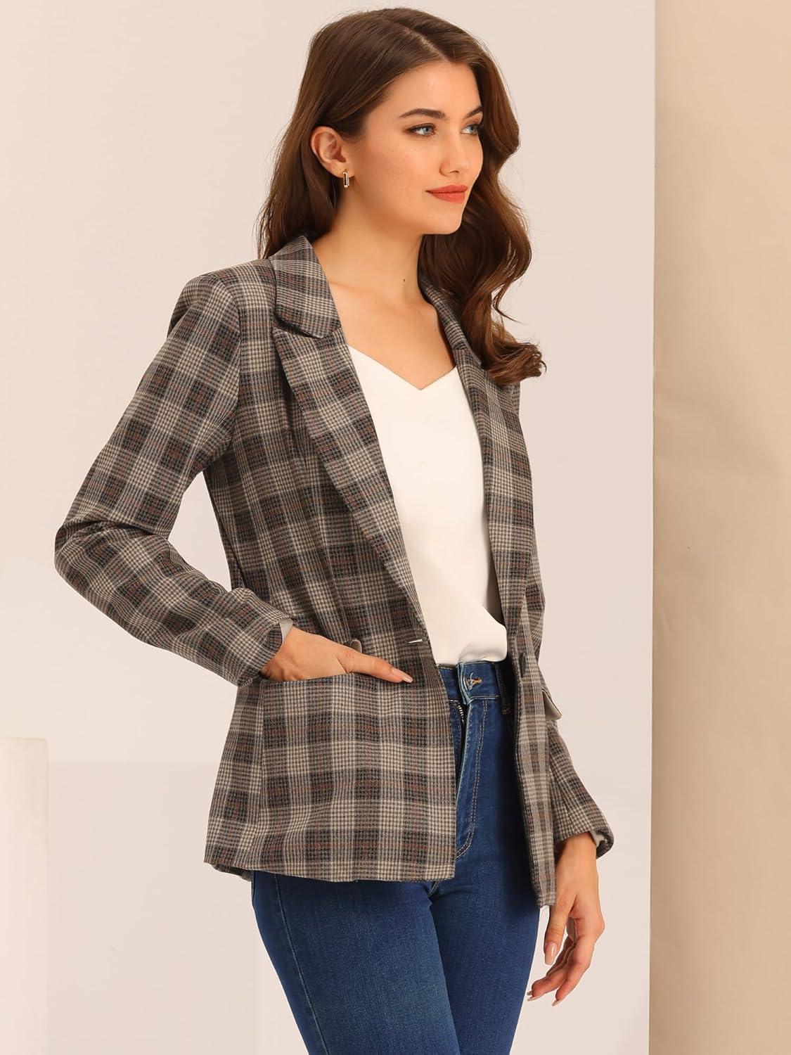 imageAllegra K Womens Notched Lapel One Button Boyfriend Blazer Suit Houndstooth Work Office Blazers JacketLight Brown