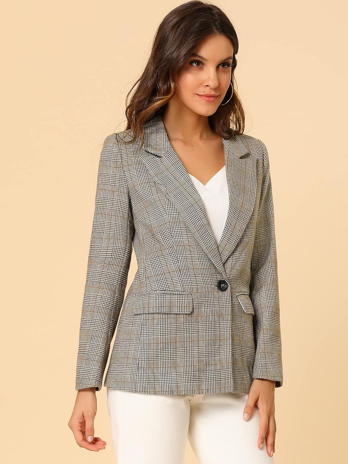 imageAllegra K Womens Notched Lapel One Button Boyfriend Blazer Suit Houndstooth Work Office Blazers JacketLight Coffee
