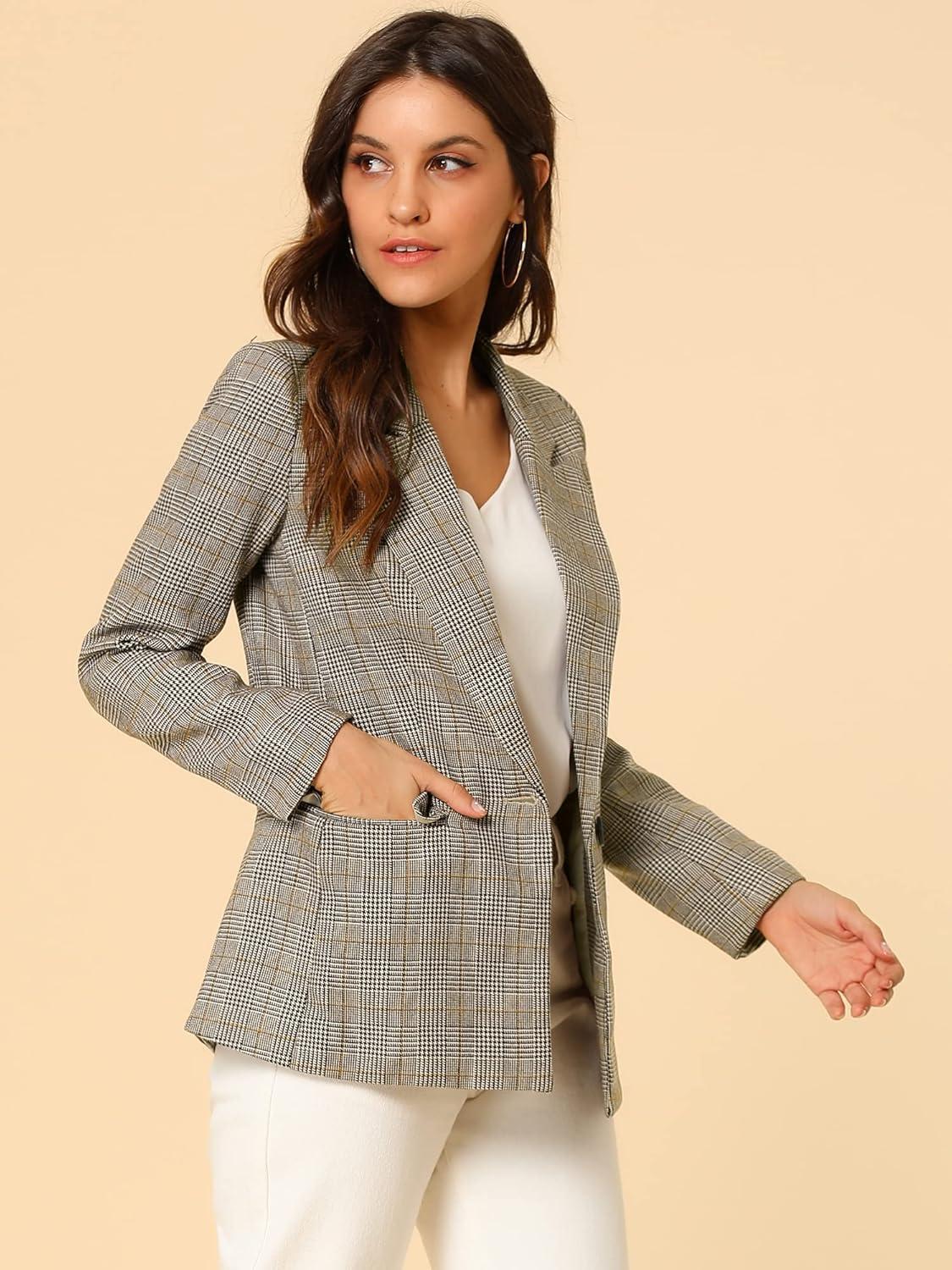 imageAllegra K Womens Notched Lapel One Button Boyfriend Blazer Suit Houndstooth Work Office Blazers JacketLight Coffee